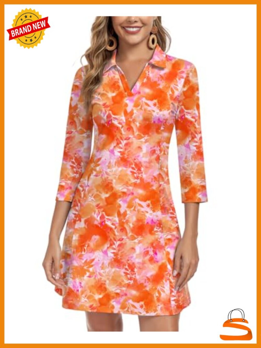 WOWENY 3/4 Sleeve V Neck Sun Dress with Pockets UPF 50+ Quick Dry Casual